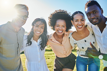 Image showing Friends, diversity and bonding hug in park, nature environment or sustainability garden for profile picture, travel fun or summer holiday. Portrait, smile and happy men, women and people in location