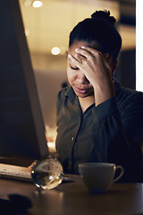 Image showing Computer, night headache and black woman tired after overtime bookkeeping, accounting or data analysis. Mental health stress, 404 spreadsheet glitch and agent with depression, pain or burnout problem