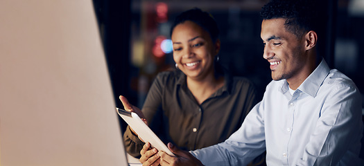 Image showing Tablet reading, night teamwork and business people review article for media app, website database or social network. Happy research collaboration, online blog editor and journalist editing news post