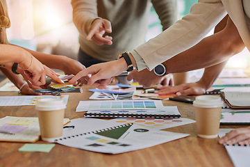 Image showing Color palette, creative and hands of business people on desk for branding meeting, strategy and marketing design. Teamwork, collaboration and designers brainstorming ideas, thinking and planning logo