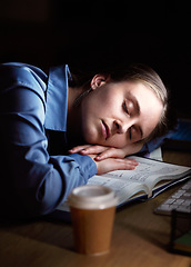 Image showing Tired woman sleeping on her desk at night with depression, burnout and mental health risk for project deadline or overworked. Business person, worker or employee sleep, fatigue and low energy in dark