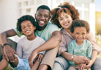 Image showing Portrait, love and black family outdoor, quality time and happiness with joy, cheerful and bonding together. Face, parents and mother with father, children or kids with smile, relax or loving outside