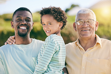 Image showing Portrait, black family with a father, son and grandfather bonding outdoor in the garden together for love. Happy, kids or generations with a man, boy and senior relative standing outisde in the yard