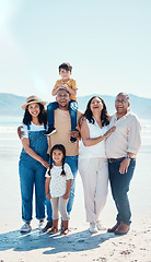 Image showing Portrait, beach and black family laughing outdoor in nature together on vacation during summer. Happy, smile or love with children, parents and grandparents bonding on the coast for a holiday