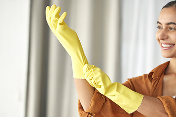 Image showing Woman, hands or rubber gloves for spring cleaning, housekeeping or home maintenance of healthcare wellness. Smile, happy or maid cleaner ready for hospitality service in bacteria or safety protection