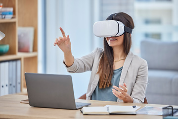 Image showing Vr, virtual reality and business woman in metaverse with digital technology in office. 3d, ai and happy female entrepreneur with futuristic headset for gaming, internet browsing or fantasy simulation