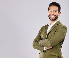 Image showing Mockup, business and portrait of man with smile on white background for success, leadership and confidence. Copy space, crossed arms and happy male in professional clothes for advertising in studio