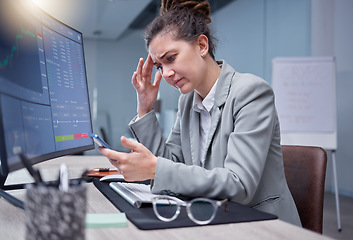 Image showing Sad, stock market and stress business woman lose or fail or disappointed in trading and frustrated in office with a headache. Employee, burnout and corporate worker depressed by data or crypto crash