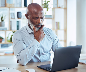 Image showing Thinking, business and black man on laptop in office, desk and company for solution, research or strategy. Confused, decision and working on computer of online planning, serious and question ideas