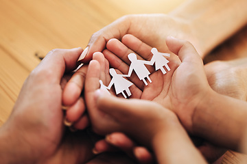 Image showing Hands, family and paper cutout, support and connection, link and bonding, foster care and adoption. Palm, parents and child with parenthood, art and craft with solidarity and community with trust