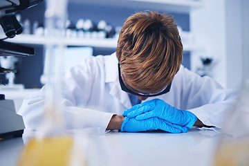 Image showing Stress, burnout or black woman scientist upset over medical crisis or mistake, research fail or error in lab. Sad, tired or frustrated doctor for healthcare anxiety, work depression or mental health