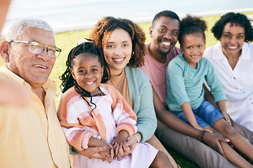 Image showing Selfie, big family and grandparents, parents and kids with smile in backyard, outdoor weekend fun together. Happiness, black men and happy women with children relax, quality time in garden in summer.