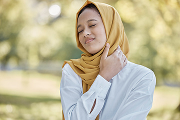 Image showing Health, neck pain and Islamic woman outdoor, injury and muscle tension in nature. Muslim female, lady and body ache in park, fatigue and frustrated with inflammation, bruise and first aid problem