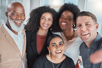 Image showing Company selfie, diversity and team building with a about us profile picture in a office. Happiness, teamwork and business motivation portrait of a media research group with a smile from collaboration