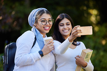 Image showing Happy, friends and selfie with women at college for social media, education and connection. Diversity, smile and happiness with girl and picture for university, student and development on campus