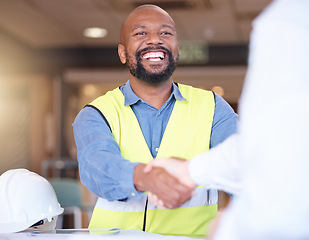 Image showing Handshake, architecture and engineer man partnership, real estate meeting or agreement at construction site. Project manager, contractor or diversity people shake hands in property or renovation deal