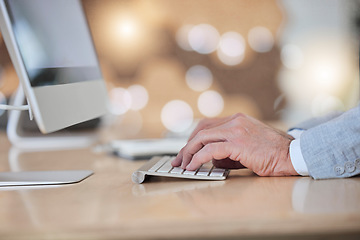 Image showing Typing, computer and hands of man in office for search, report and project planning. Technology, internet and email with employee and keyboard at desktop for professional, browsing and online