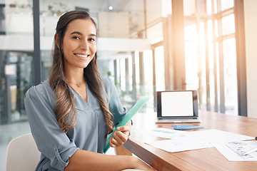 Image showing Portrait, creative and smile with a designer woman at work in her office boardroom on a project. Marketing, design and happy with a young female employee working at a table or desk for advertising