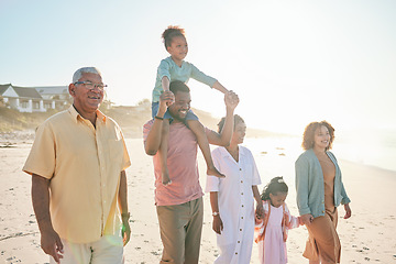 Image showing Big family, grandparents or children at beach walking holding hands with girls on summer holiday together. Happy dad, mom or kids siblings love bonding or relaxing with grandmother and grandfather