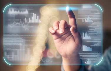 Image showing Business woman, hands or hologram screen in financial management, stock market trading or growth data in night office. Zoom, worker or finger on abstract touch for chart, graph or interactive finance