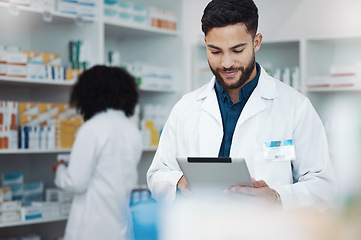 Image showing Pharmacy, happy man pharmacist and tablet product management, medicine stock research or online inventory. Digital tech, telehealth service and retail logistics of medical doctor or people in shop