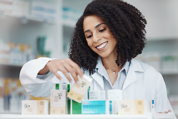 Image showing Pharmacy, medicine and smile with woman in store for healthcare, drugs dispensary and treatment prescription. Medical, pills and shopping with pharmacist for check, label information or product