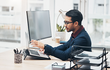 Image showing Laptop, office administration or man focus on finance spreadsheet, online bank profile or financial accounting. Bookkeeping data, banking analysis gesture or consultant problem solving payroll system