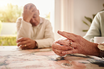 Image showing Divorce, closeup and hands with couple, issue and disagreement with anxiety, mental health and marriage. Zoom, man and woman remove ring, frustrated and stress together with problems and issues