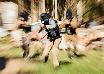 Image showing Blurred, military and people with guns for paintball, training and action game in nature. Fitness, defocused and soldier men shooting for war on battlefield, physical activity or cardio in a forest