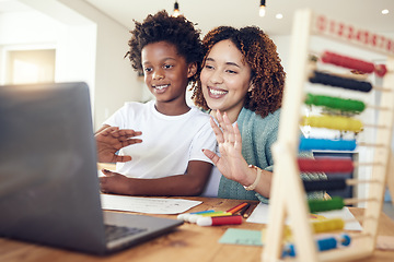 Image showing Wave, mother and kid with laptop for video call, online meeting and webinar. Black family, computer and smile of happy mixed race mama with boy waving in virtual chat for hello, greeting or talking.