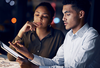 Image showing Tablet reading, night partnership and business people review article for media app, website database or social network. Research story teamwork, blog editor focus and web journalist editing news post