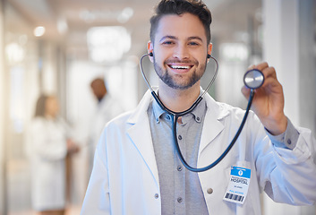 Image showing Stethoscope, portrait or happy man doctor with leadership in hospital or clinic with smile or pride. Healthcare manager with job mindset for medical solutions or problem solving in health service