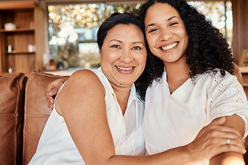 Image showing Woman portrait, senior mom selfie and smile of family on a living room sofa with happiness and bonding. Mama love, support and happy elderly care with women on lounge couch in a house together