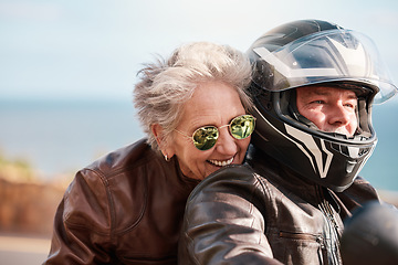 Image showing Motorcycle, travel and senior couple on road trip for adventure, freedom and enjoying weekend in retirement. Love, summer and man and woman ride on motorbike for holiday, vacation and journey by sea