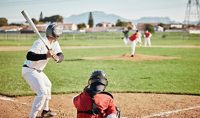 Image showing Baseball, bat and waiting with a sports man outdoor, playing a competitive game during summer. Fitness, health and exercise with a male athlete or player training on a field for sport or recreation