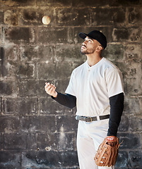 Image showing Sports, baseball and man with ball and glove ready for game, match and practice in stadium. Softball mockup, motivation and serious male player focus in dugout for training, exercise and competition