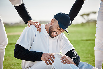 Image showing Baseball, team help and man with injury on field after accident, fall or workout in match. Sports, training and male player with fibromyalgia, inflammation pain or broken knee with friends helping.