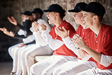 Image showing Sports success, baseball winner or team in celebration of fun game victory, competition or goals together. Winning homerun, fitness motivation or happy softball players excited for teamwork in dugout