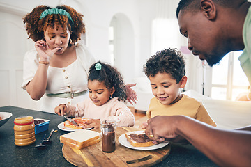 Image showing Love, black family and breakfast for nutrition, quality time and wellness in kitchen, happiness and joyful. Parents, mother and father with children, kids and start day with meal, health and happy