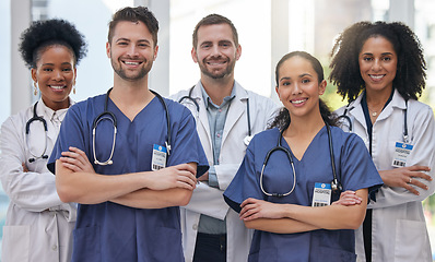 Image showing Portrait, nurses and doctors at hospital proud, empowered and excited about medical collaboration. Face, healthcare and health expert team united for innovation, teamwork and support at a clinic