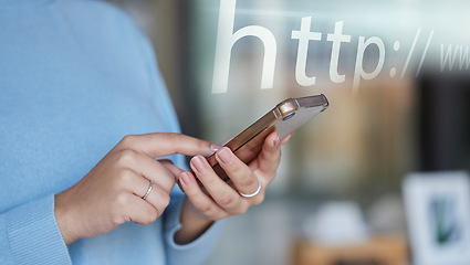 Image showing Web search, url and phone with hands of woman for internet, technology and data connection. Website, text and seo with girl and typing on mobile for social media, online browser and information