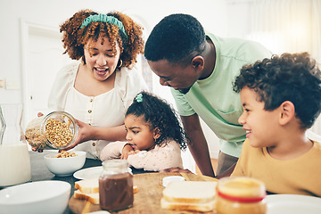 Image showing Breakfast food, black family and parent care with mother, dad and kids helping in the kitchen. Home, cereal and mama cooking with kids and father smile together with happiness in the morning