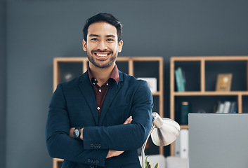 Image showing Office portrait, CEO and business man happy for startup law firm, corporate development or company success. Happiness, workplace and Taiwan lawyer with pride in career, job or professional growth