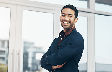 Image showing Office portrait, leader and business man happy for startup law firm, corporate development or company success. Confident, workplace and Taiwan lawyer with pride in career, job or professional growth