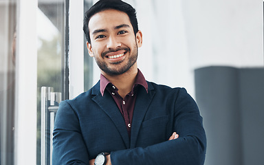 Image showing Office portrait, leaning and man confident for startup entrepreneurship, corporate management or company success. Entrepreneur, human resources or happy HR smile for career, job or executive vocation