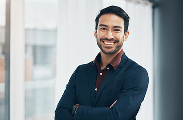 Image showing Office portrait, manager and business man happy for startup law firm, corporate development or company success. Happiness, workplace and Taiwan lawyer with pride in career, job or professional growth