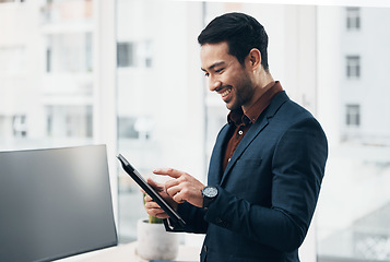 Image showing Company tablet, smile and business man typing on digital dashboard, IOT or interactive smart tech for office automation. Internet of things, ui graphic screen and person programming software system