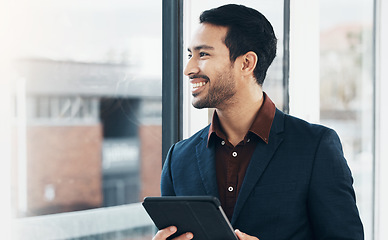 Image showing Window, happy man and tablet for architect vision, business mission or digital blueprint for real estate project. Realtor, property developer or person planning architecture engineering development