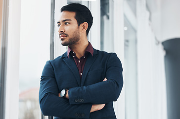 Image showing Office window, vision and man thinking of startup entrepreneurship, corporate management or company idea. Proud entrepreneur, human resources and HR manager with career, job or executive vocation