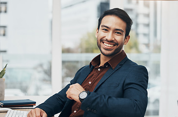 Image showing Office portrait, smile and business man happy for startup law firm, corporate development or company success. Happiness, workplace and Taiwan lawyer with pride in career, job or professional growth